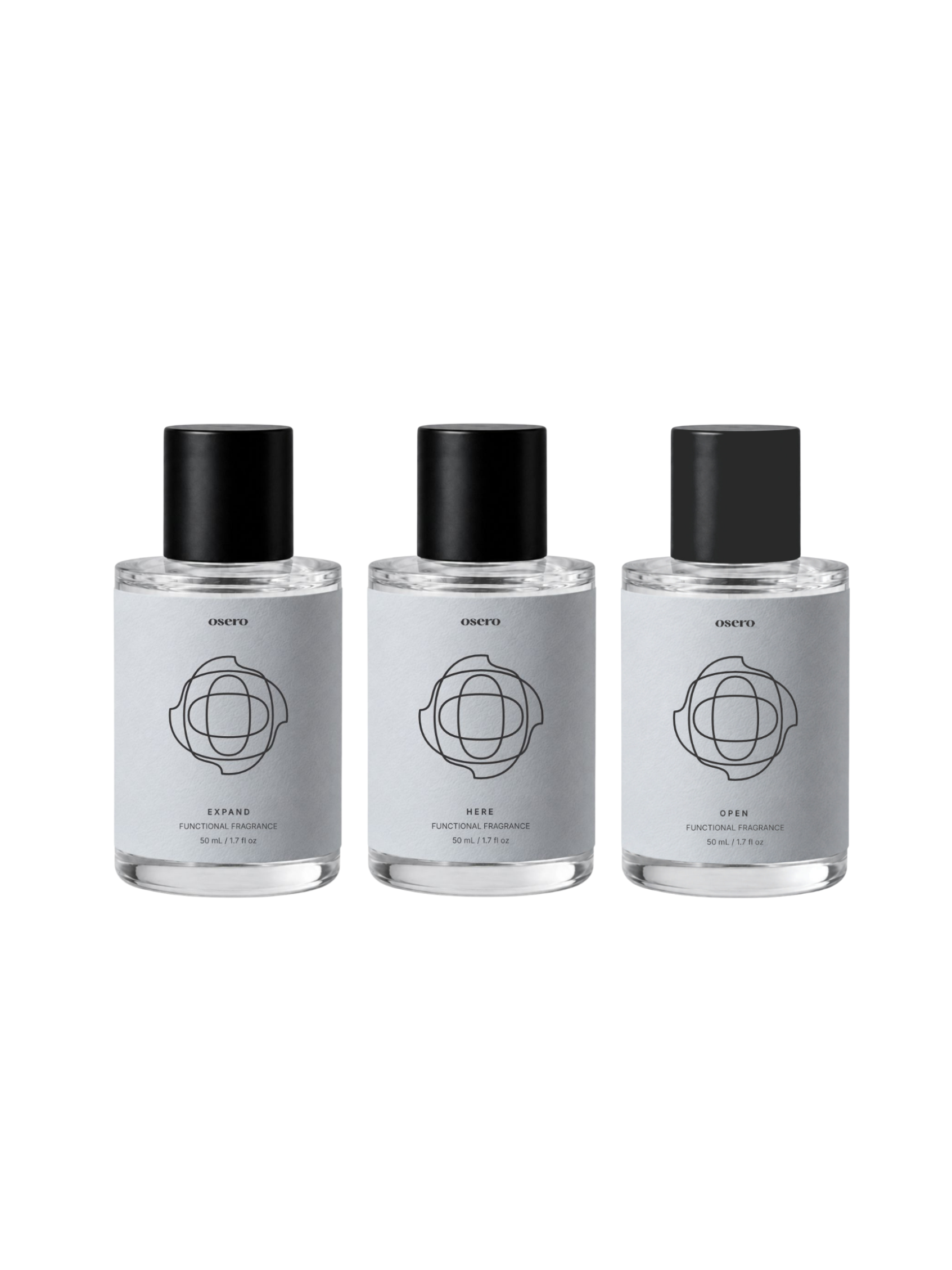 Three perfume bottles with black caps and gray labels on a white background